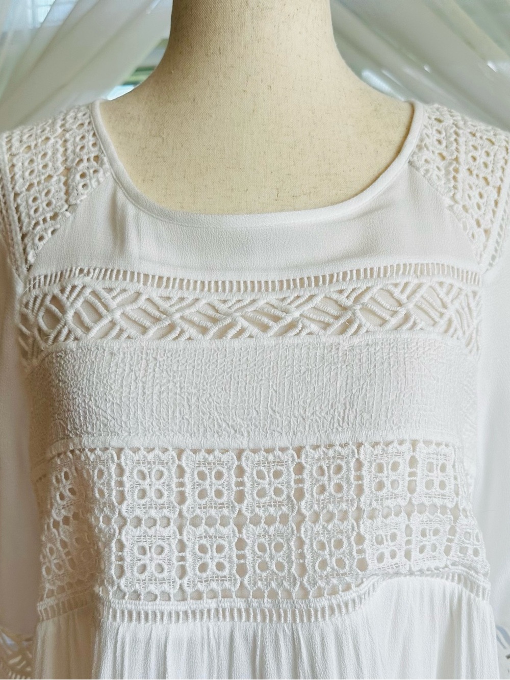 Pale Sky White “Levana" Crochet lightweight, bohemian-style peasant blouse. - Picture 2 of 9
